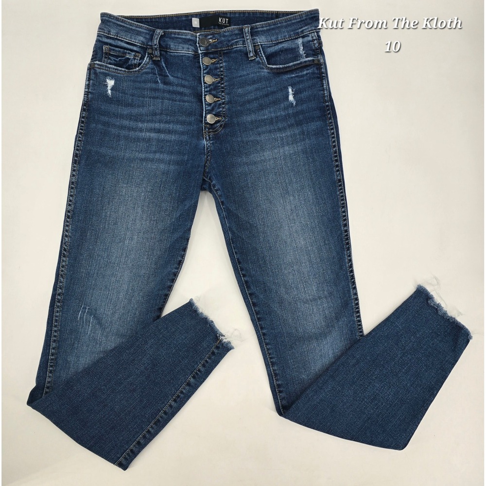 KUT From The Kloth Mia High Rise Fab Ab Skinny Jeans 10 Button Fly Distressed